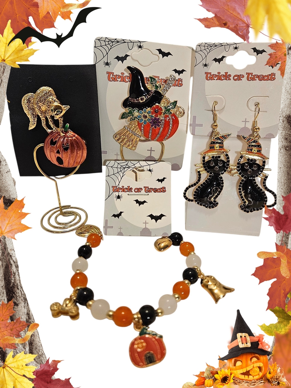 Halloween Jewelry Bundle - Brooches Earrings Bracelet Black, Orange Gold Tone
